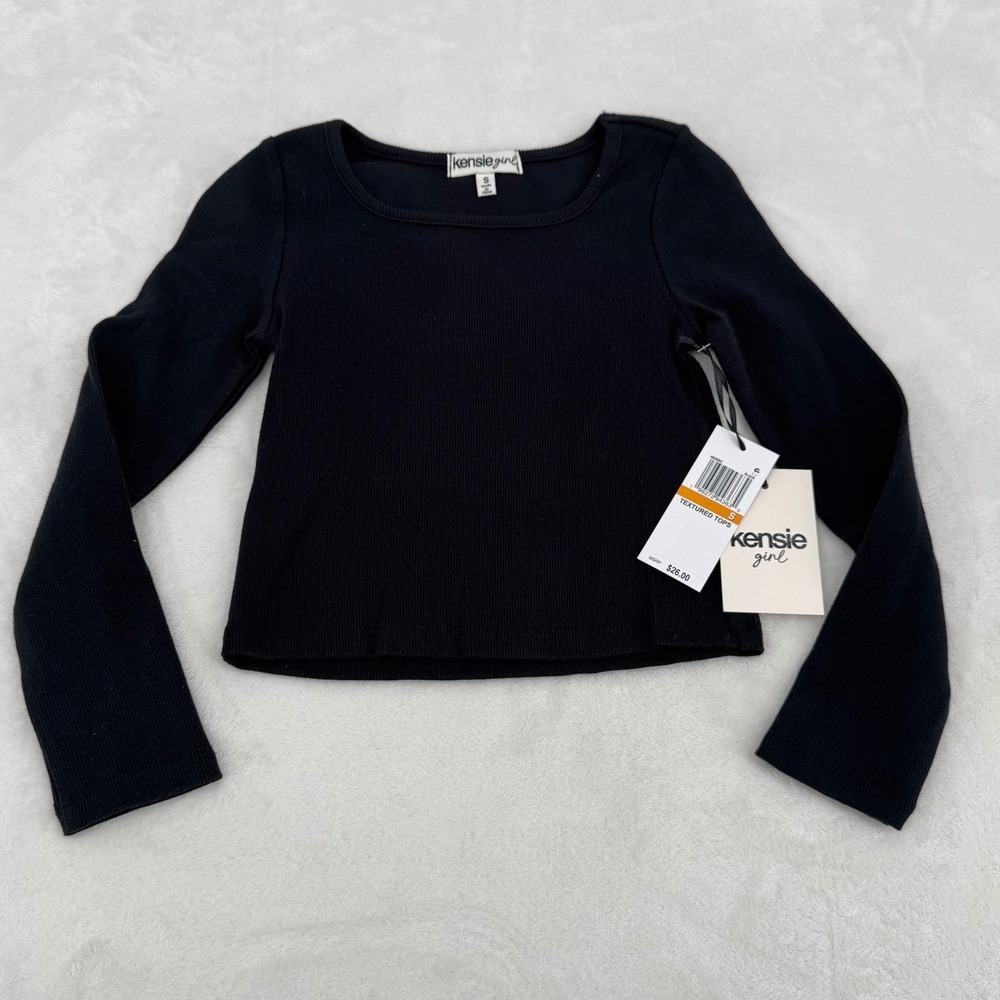 New Black Ribbed Long Sleeve Crop Top Size Small Kensie Girl Cropped Knit Shirt